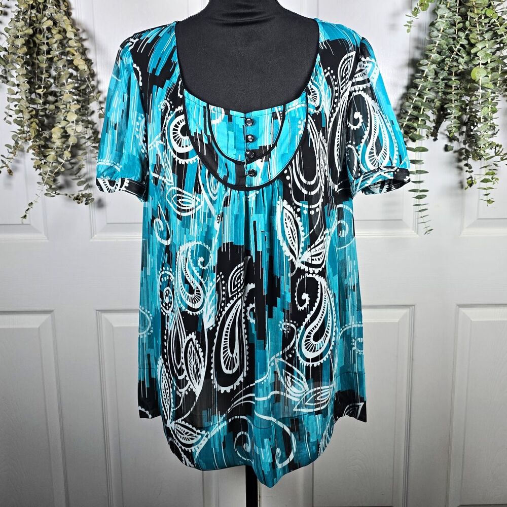 Lane Bryant Women Plus 18 Abstract Chiffon Tunic Blouse Blue Black White Sheer